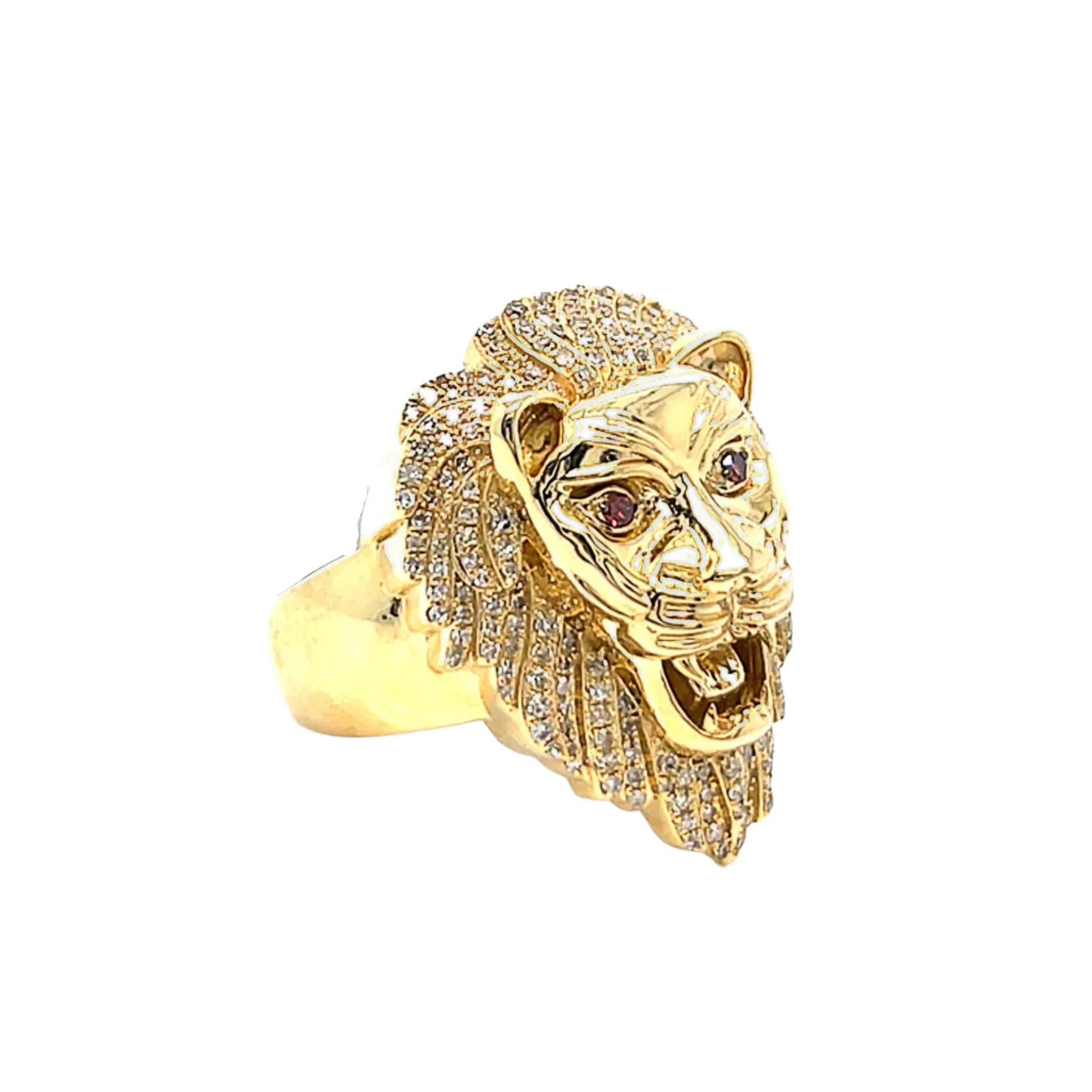 10K Gold Round 0.73CT Natural Diamonds Lion Red Eyes Ring - SR10082-1