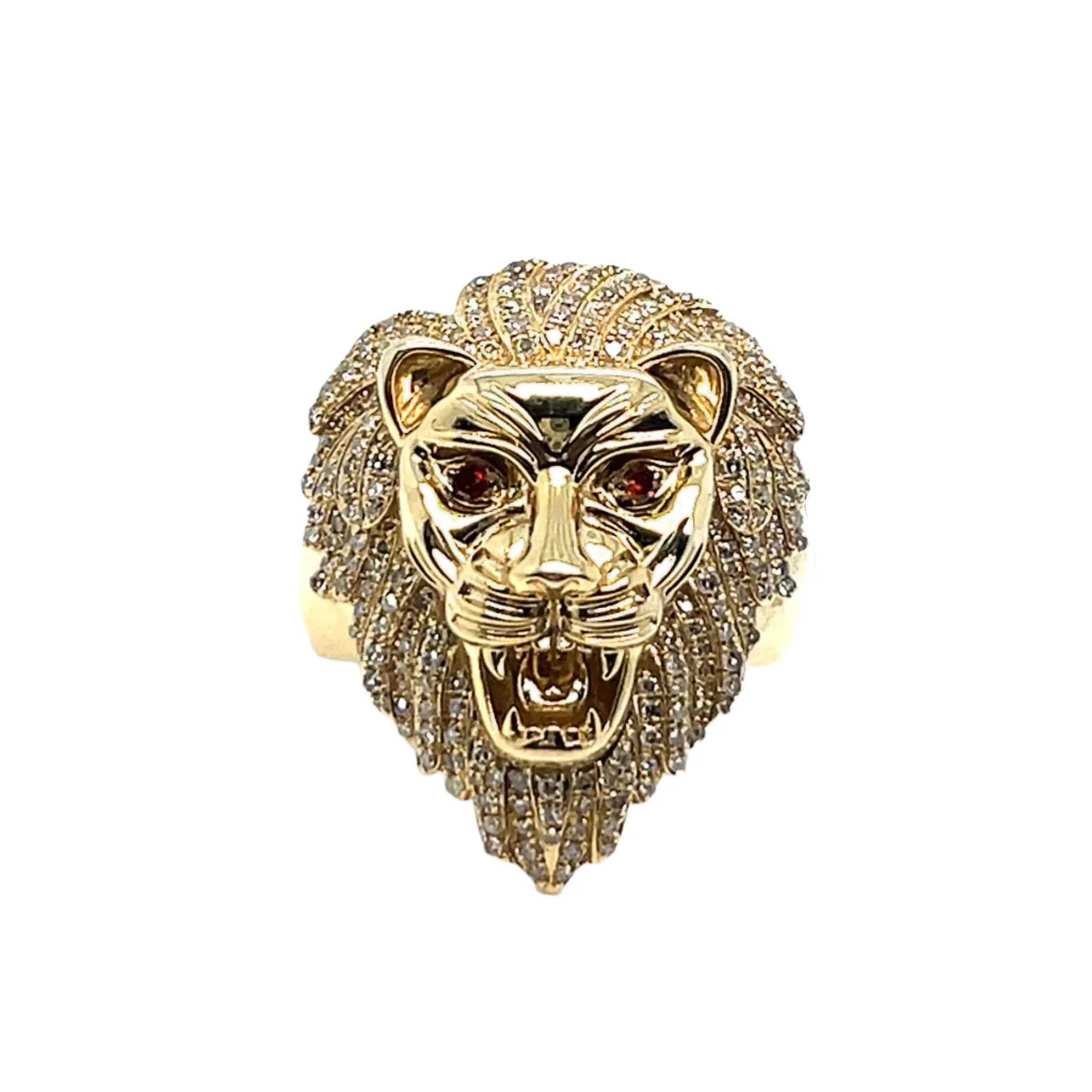 10K Gold Round 0.73CT Natural Diamonds Lion Red Eyes Ring - SR10082-1