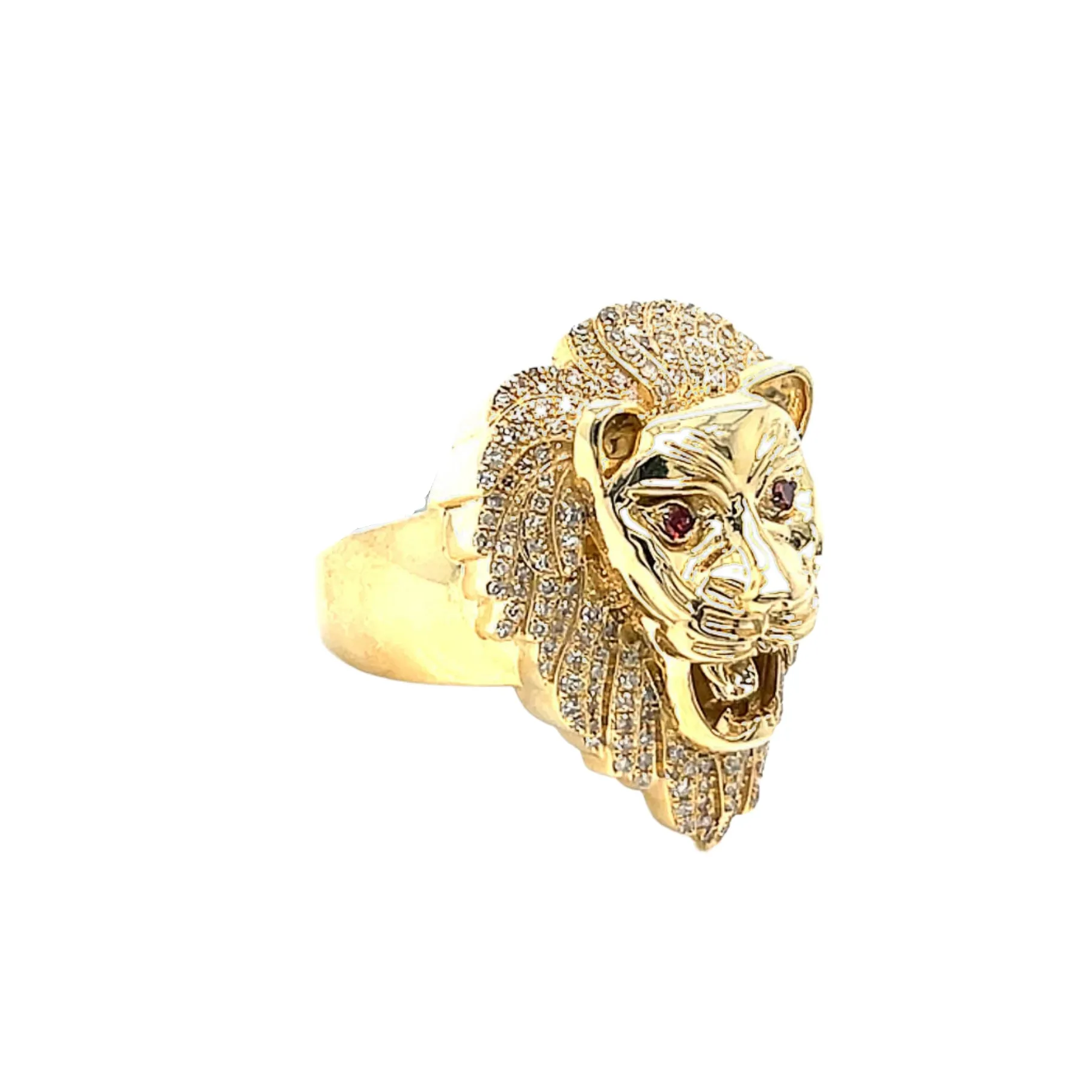 10K Gold Round 0.73CT Natural Diamonds Lion Red Eyes Ring - SR10082-1