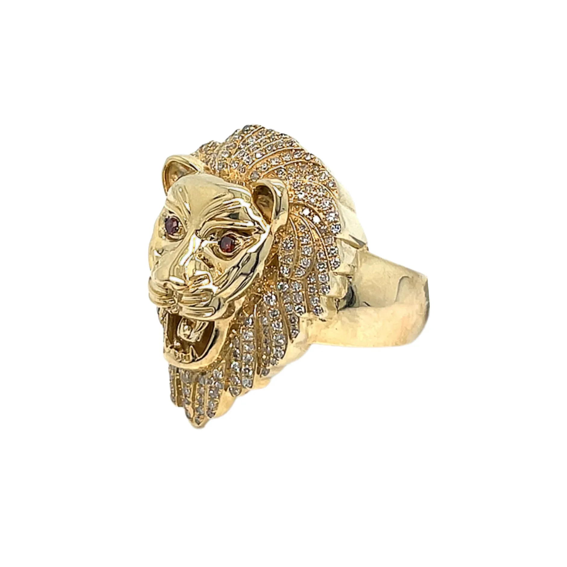 10K Gold Round 0.73CT Natural Diamonds Lion Red Eyes Ring - SR10082-1