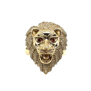 10K Gold Round 0.73CT Natural Diamonds Lion Red Eyes Ring - SR10082-1