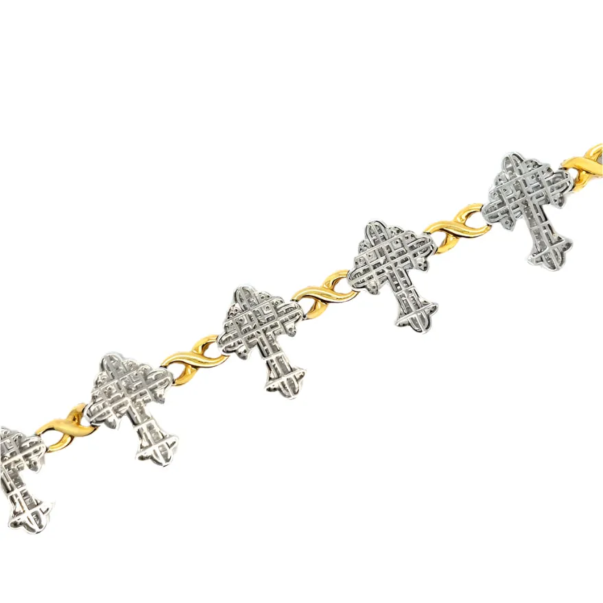 10k Gold White Yellow Two Tone Infinity Link Cross Iced Out 8" Bracelet - SBR31564