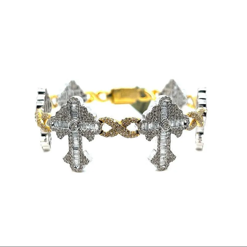10k Gold White Yellow Two Tone Infinity Link Cross Iced Out 8" Bracelet - SBR31564