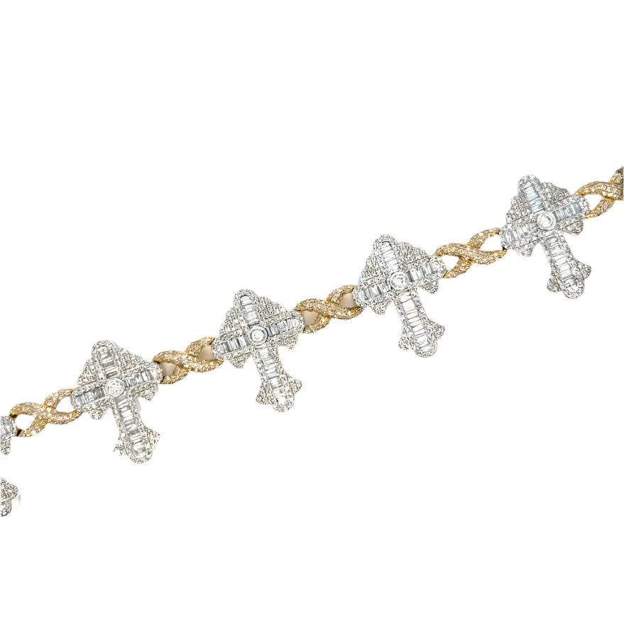 10k Gold White Yellow Two Tone Infinity Link Cross Iced Out 8" Bracelet - SBR31564