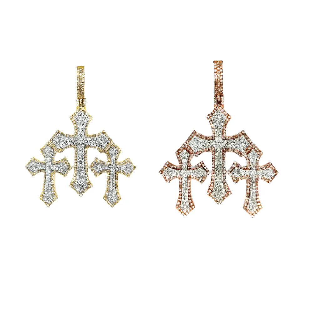 10k Two Tone Gold with Natural Diamonds Three Cross Pendant - SP26566A