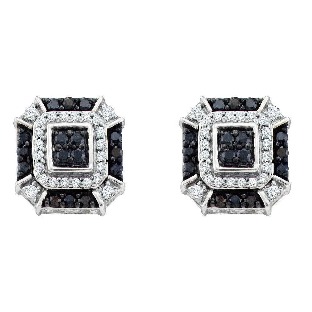 10K White Gold Round Black Color Enhanced Diamond Square Geometric Cluster Earrings 1/2 Cttw