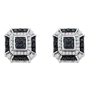 10K White Gold Round Black Color Enhanced Diamond Square Geometric Cluster Earrings 1/2 Cttw