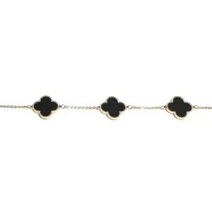10K Yellow Gold (14mm) Designer Clover Style Beaded Edge Black Onyx Bracelet