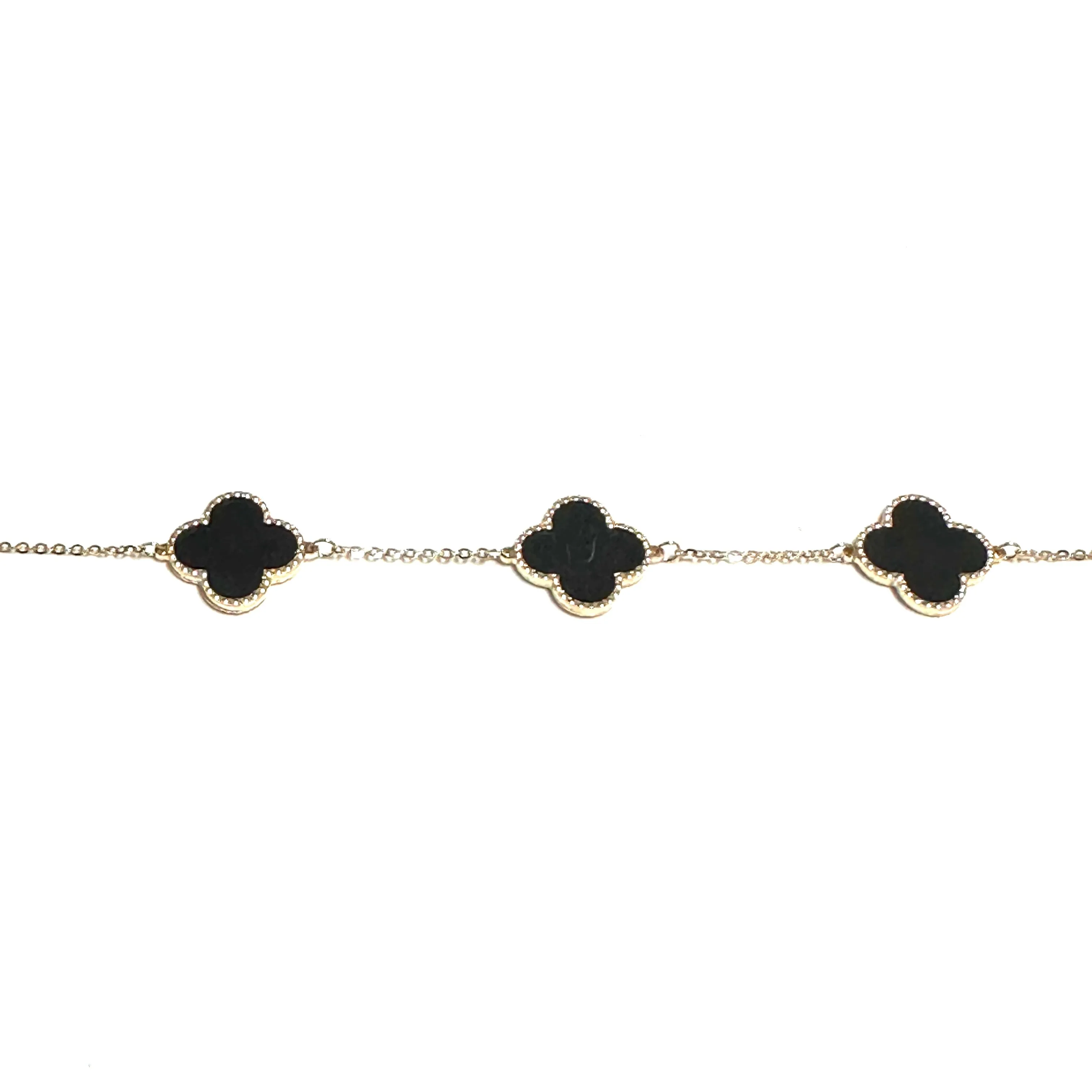 10K Yellow Gold (14mm) Designer Clover Style Beaded Edge Black Onyx Bracelet