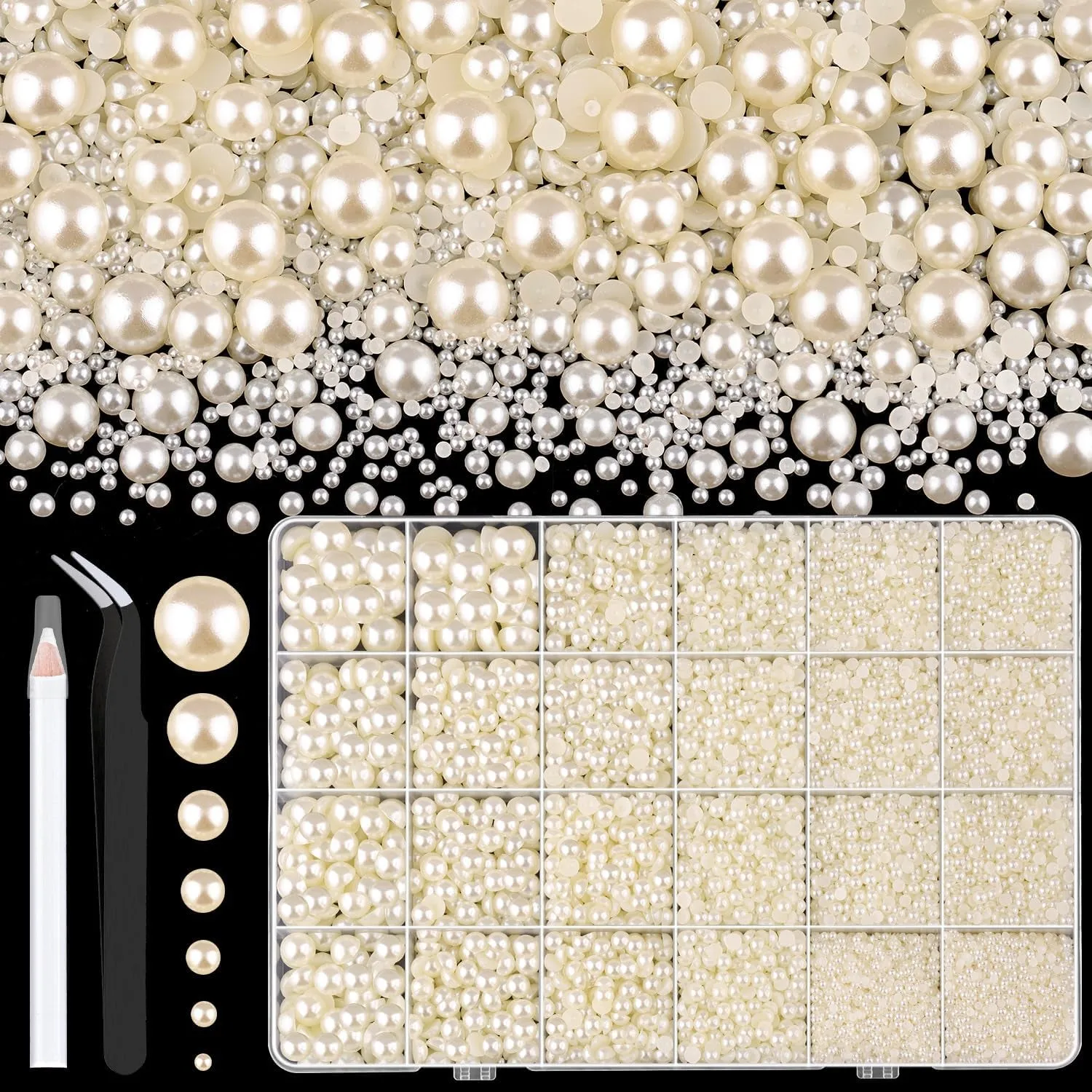 13000Pcs Flatback Pearls for Crafting (White), Assorted Size 2/3/4/5/6/8/10Mm Half Pearl with 3Pcs 10Ml B7000 Jewelry Glue, Bedazzling Bead for DIY Crafts Clothing Tumbler Shoes Embellishment Nail Art