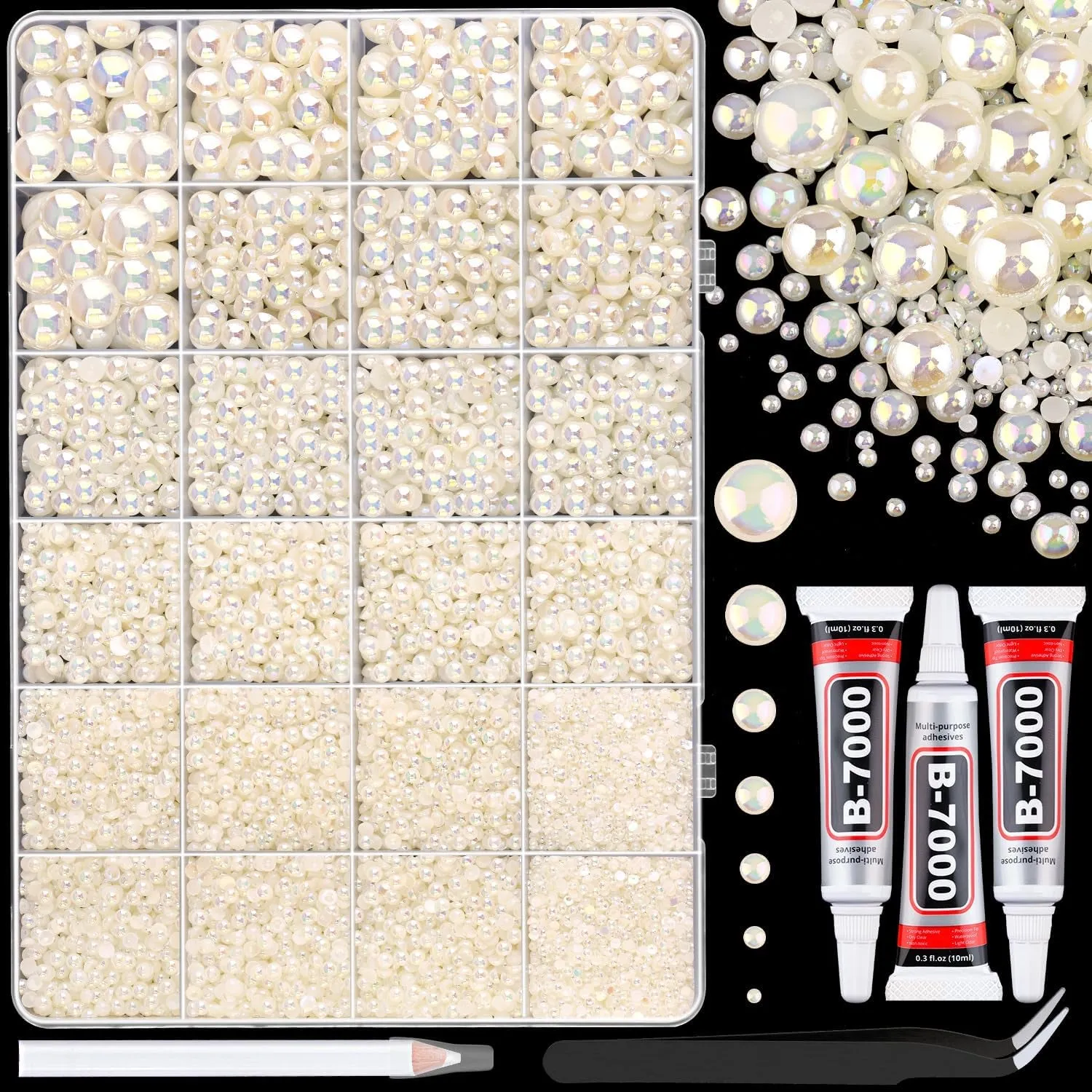 13000Pcs Flatback Pearls for Crafting (White), Assorted Size 2/3/4/5/6/8/10Mm Half Pearl with 3Pcs 10Ml B7000 Jewelry Glue, Bedazzling Bead for DIY Crafts Clothing Tumbler Shoes Embellishment Nail Art