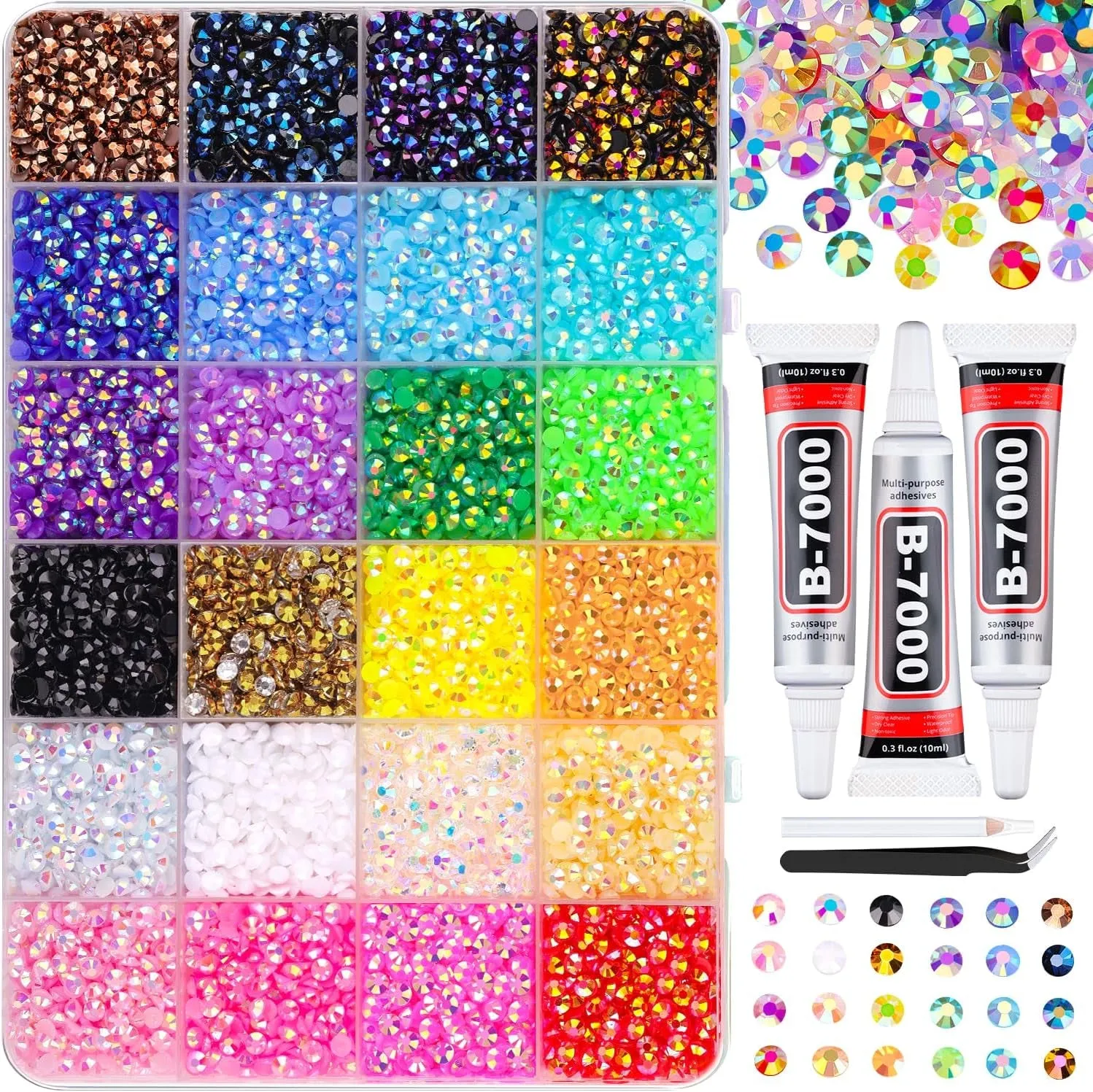 13000Pcs Flatback Pearls for Crafting (White), Assorted Size 2/3/4/5/6/8/10Mm Half Pearl with 3Pcs 10Ml B7000 Jewelry Glue, Bedazzling Bead for DIY Crafts Clothing Tumbler Shoes Embellishment Nail Art