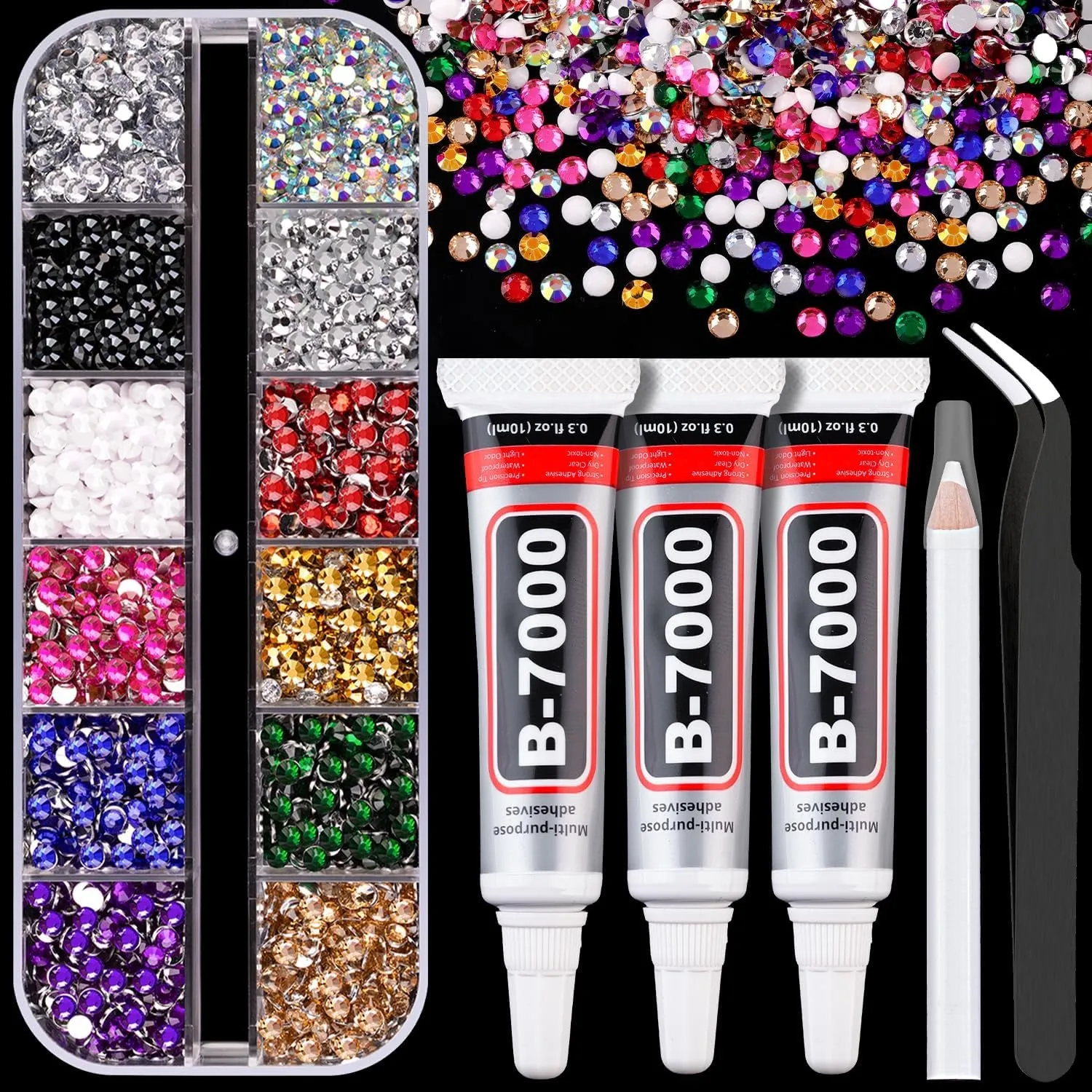 13000Pcs Flatback Pearls for Crafting (White), Assorted Size 2/3/4/5/6/8/10Mm Half Pearl with 3Pcs 10Ml B7000 Jewelry Glue, Bedazzling Bead for DIY Crafts Clothing Tumbler Shoes Embellishment Nail Art