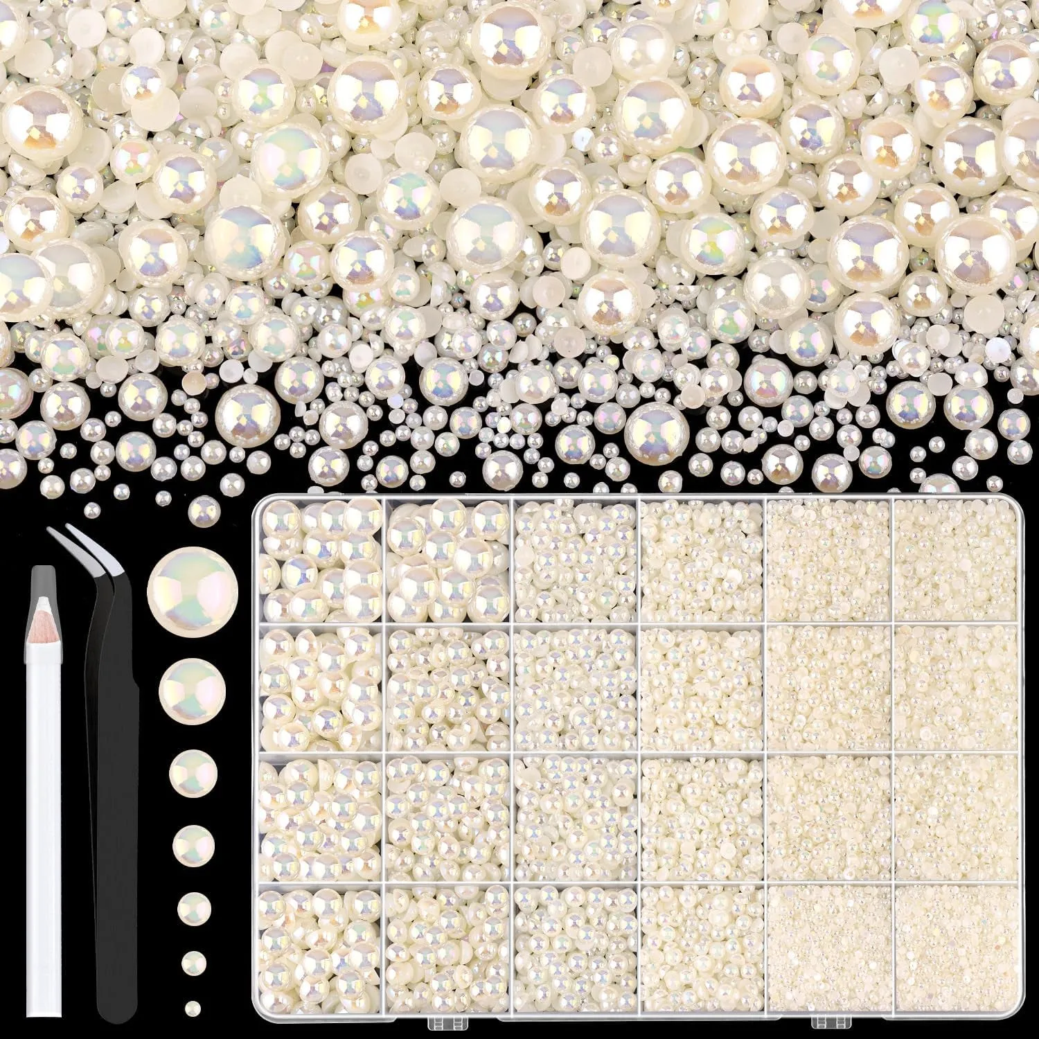 13000Pcs Flatback Pearls for Crafting (White), Assorted Size 2/3/4/5/6/8/10Mm Half Pearl with 3Pcs 10Ml B7000 Jewelry Glue, Bedazzling Bead for DIY Crafts Clothing Tumbler Shoes Embellishment Nail Art