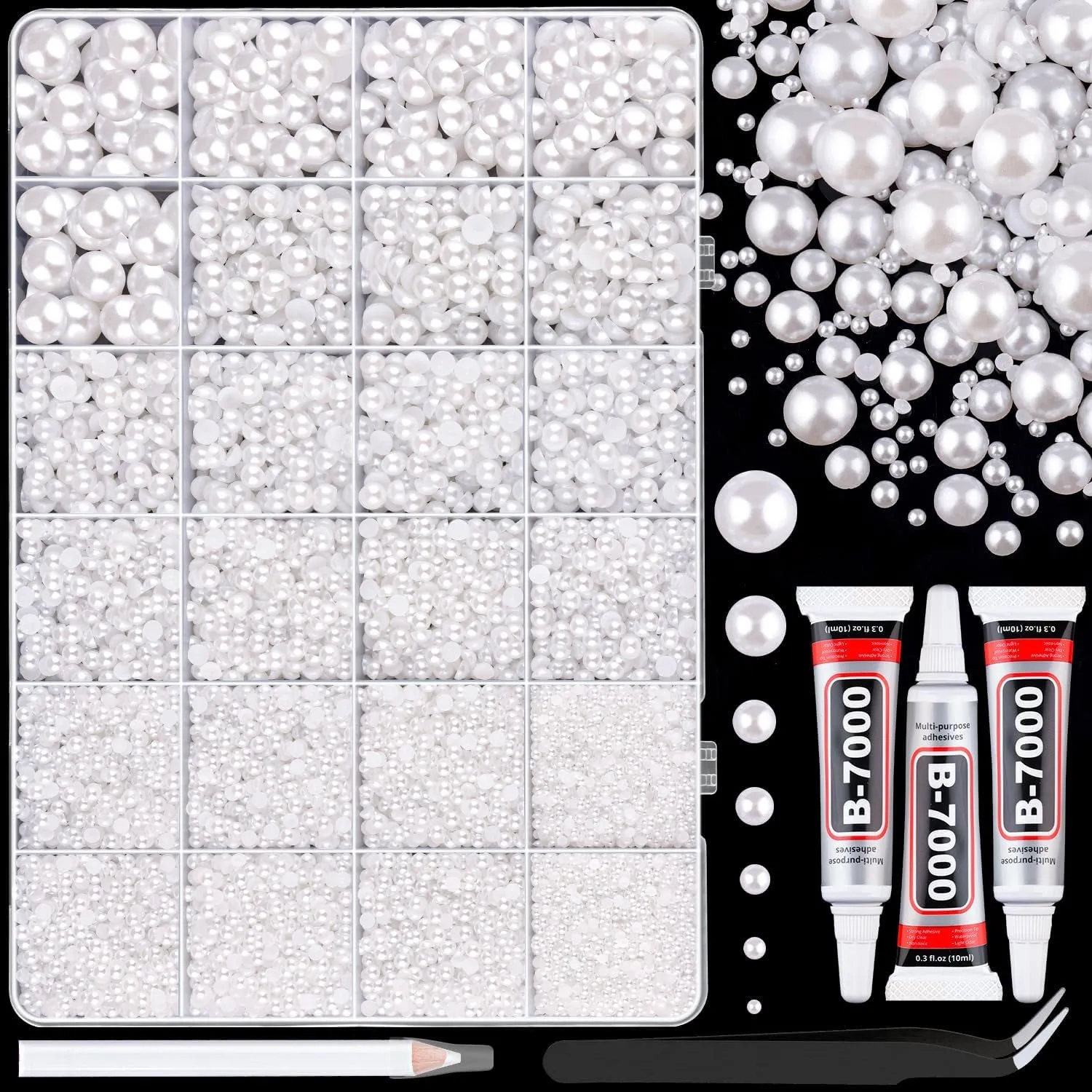 13000Pcs Flatback Pearls for Crafting (White), Assorted Size 2/3/4/5/6/8/10Mm Half Pearl with 3Pcs 10Ml B7000 Jewelry Glue, Bedazzling Bead for DIY Crafts Clothing Tumbler Shoes Embellishment Nail Art