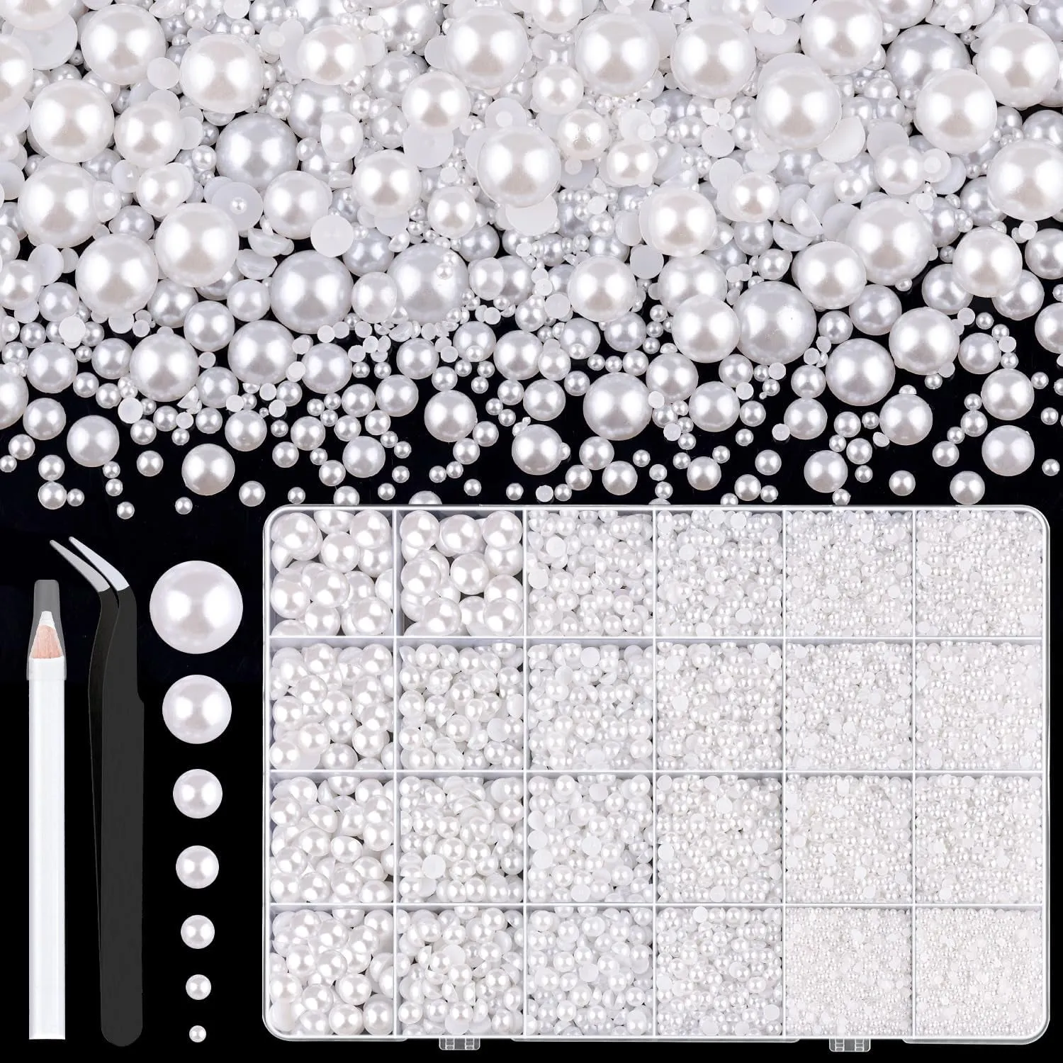 13000Pcs Flatback Pearls for Crafting (White), Assorted Size 2/3/4/5/6/8/10Mm Half Pearl with 3Pcs 10Ml B7000 Jewelry Glue, Bedazzling Bead for DIY Crafts Clothing Tumbler Shoes Embellishment Nail Art
