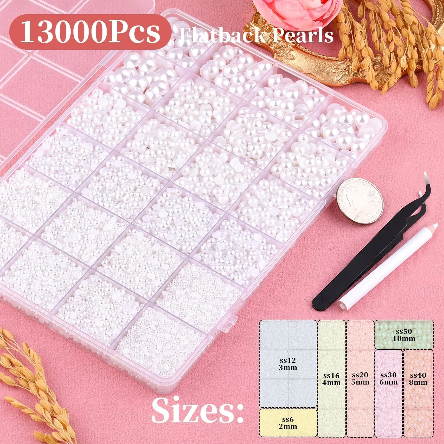 13000Pcs Flatback Pearls for Crafting (White), Assorted Size 2/3/4/5/6/8/10Mm Half Pearl with 3Pcs 10Ml B7000 Jewelry Glue, Bedazzling Bead for DIY Crafts Clothing Tumbler Shoes Embellishment Nail Art