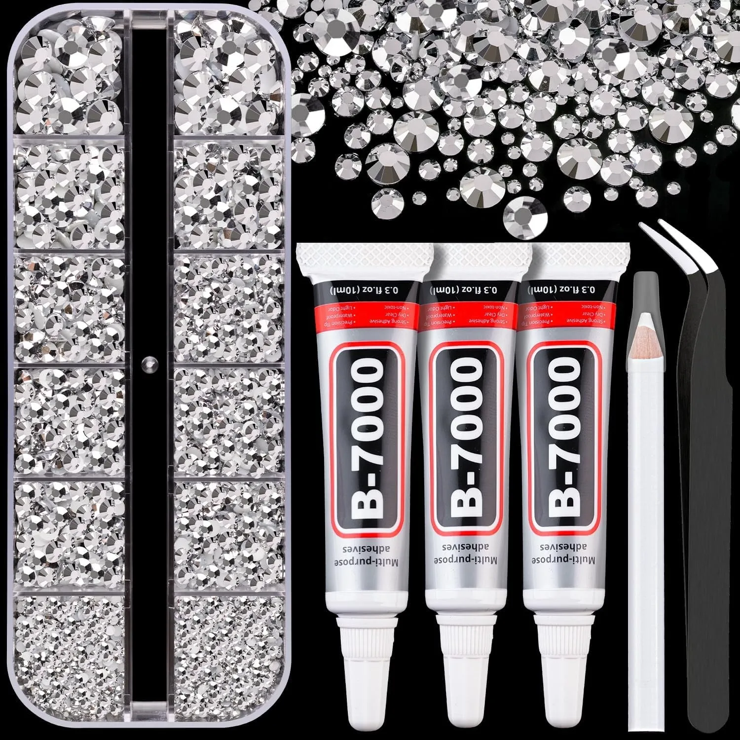 13000Pcs Flatback Pearls for Crafting (White), Assorted Size 2/3/4/5/6/8/10Mm Half Pearl with 3Pcs 10Ml B7000 Jewelry Glue, Bedazzling Bead for DIY Crafts Clothing Tumbler Shoes Embellishment Nail Art