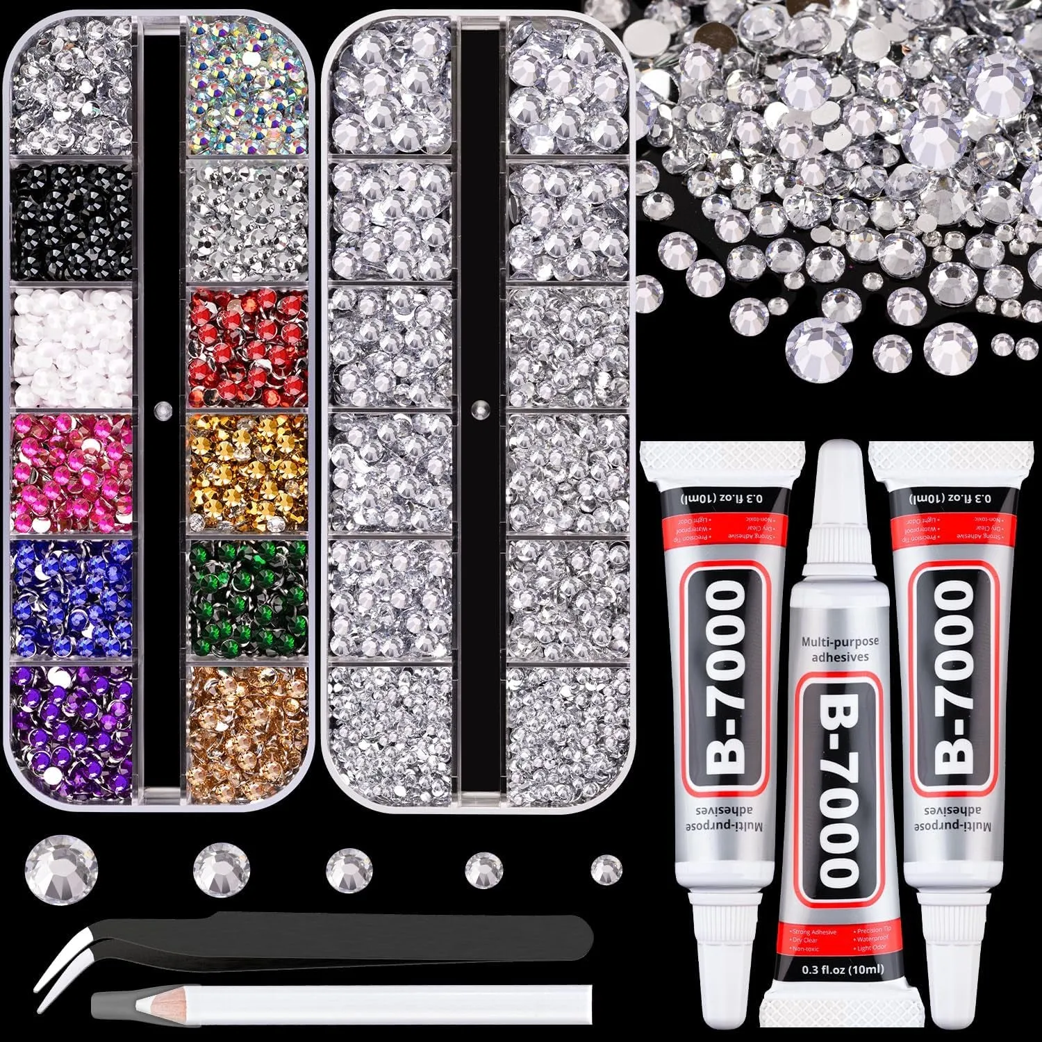 13000Pcs Flatback Pearls for Crafting (White), Assorted Size 2/3/4/5/6/8/10Mm Half Pearl with 3Pcs 10Ml B7000 Jewelry Glue, Bedazzling Bead for DIY Crafts Clothing Tumbler Shoes Embellishment Nail Art