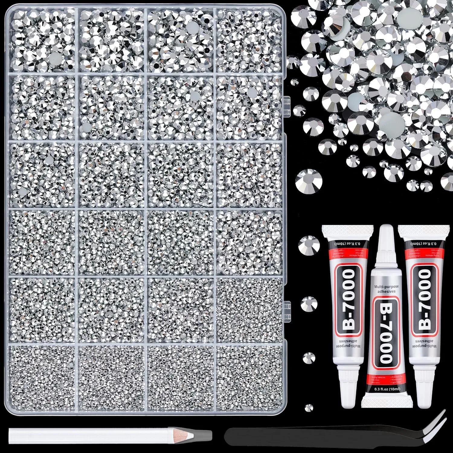 13000Pcs Flatback Pearls for Crafting (White), Assorted Size 2/3/4/5/6/8/10Mm Half Pearl with 3Pcs 10Ml B7000 Jewelry Glue, Bedazzling Bead for DIY Crafts Clothing Tumbler Shoes Embellishment Nail Art