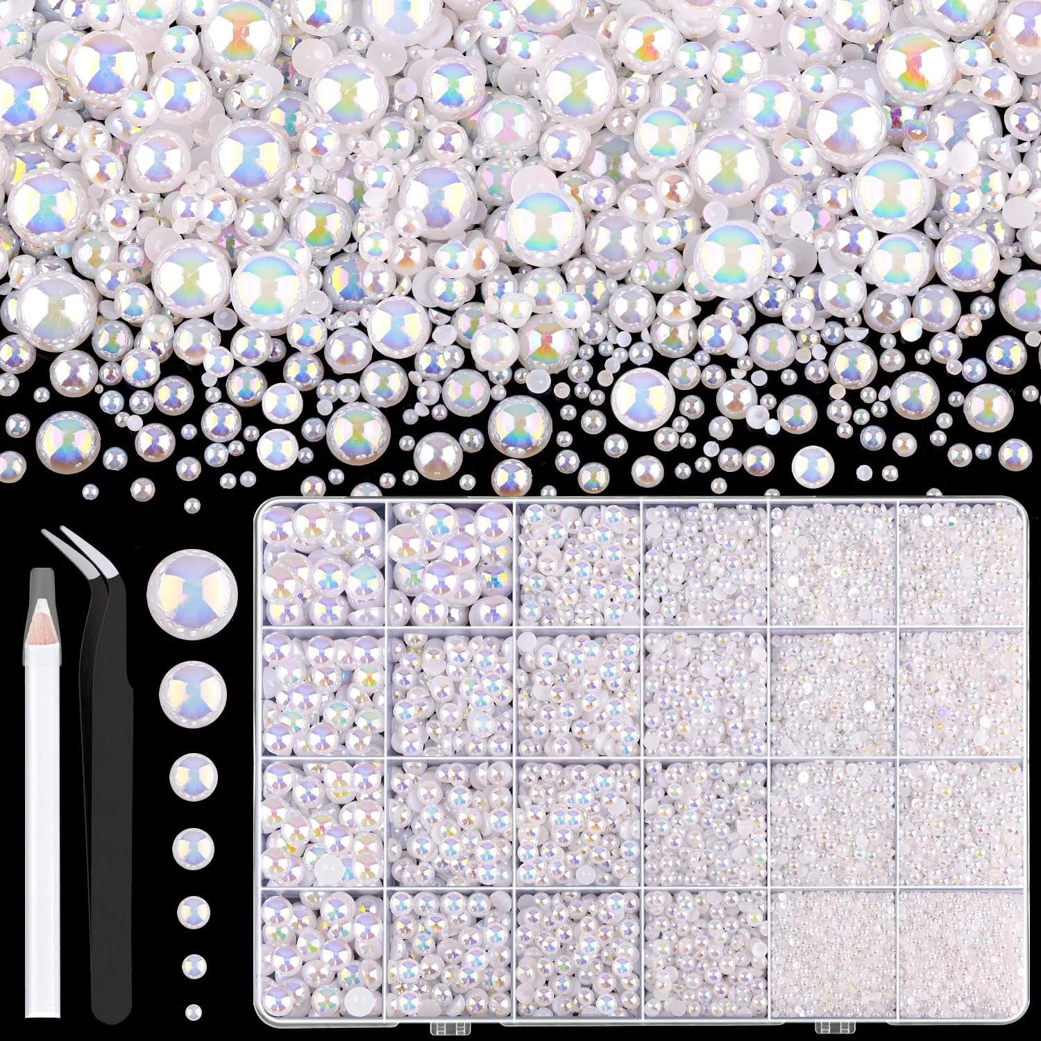 13000Pcs Flatback Pearls for Crafting (White), Assorted Size 2/3/4/5/6/8/10Mm Half Pearl with 3Pcs 10Ml B7000 Jewelry Glue, Bedazzling Bead for DIY Crafts Clothing Tumbler Shoes Embellishment Nail Art