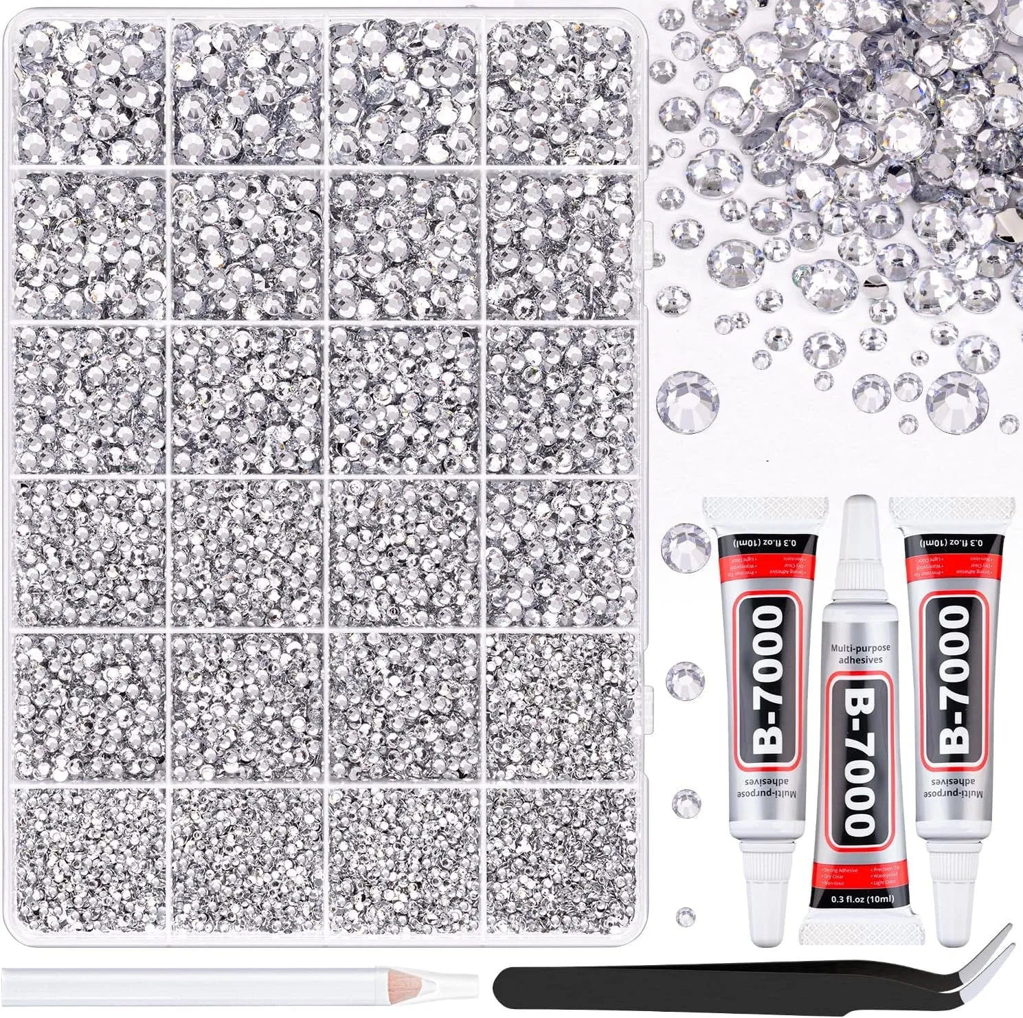 13000Pcs Flatback Pearls for Crafting (White), Assorted Size 2/3/4/5/6/8/10Mm Half Pearl with 3Pcs 10Ml B7000 Jewelry Glue, Bedazzling Bead for DIY Crafts Clothing Tumbler Shoes Embellishment Nail Art