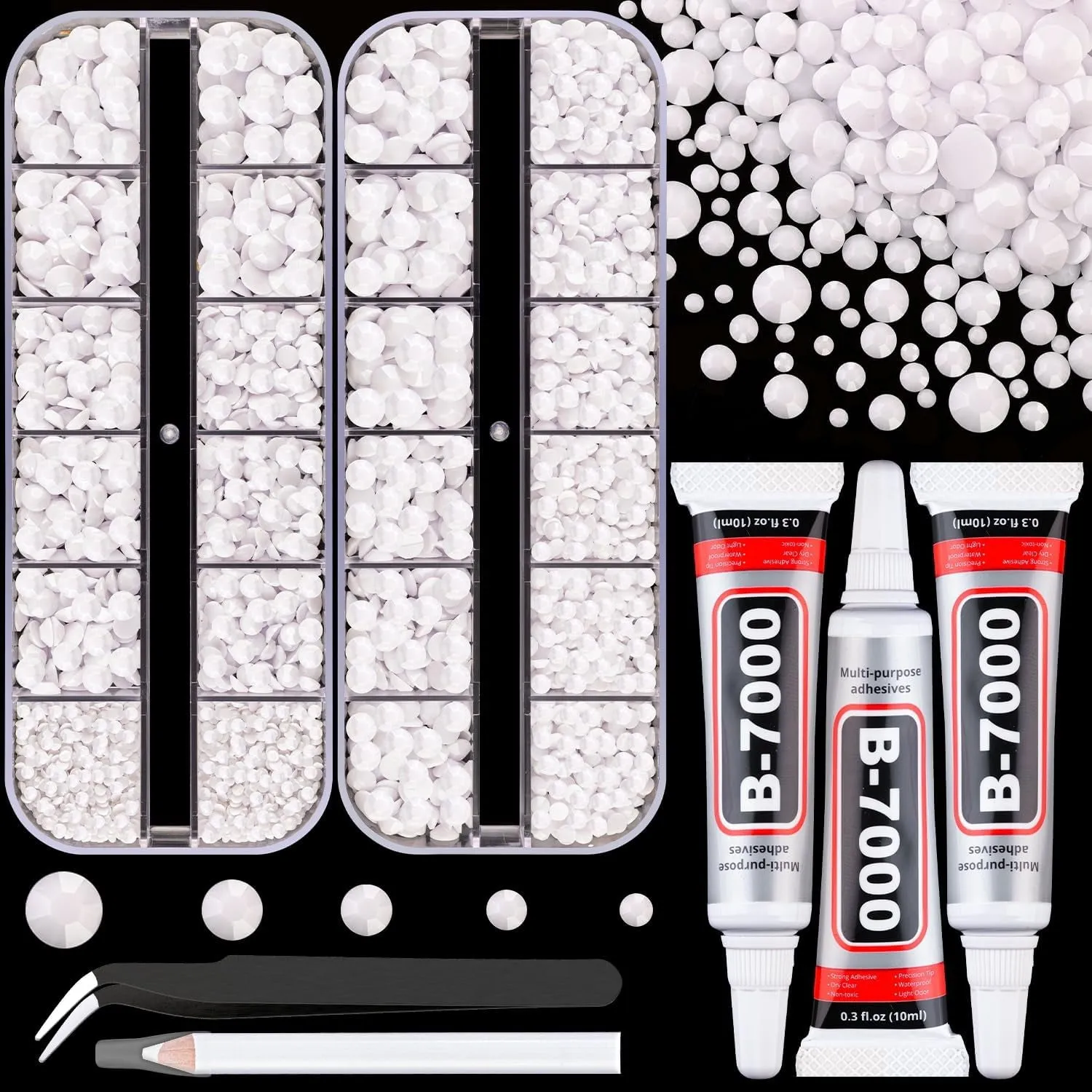 13000Pcs Flatback Pearls for Crafting (White), Assorted Size 2/3/4/5/6/8/10Mm Half Pearl with 3Pcs 10Ml B7000 Jewelry Glue, Bedazzling Bead for DIY Crafts Clothing Tumbler Shoes Embellishment Nail Art