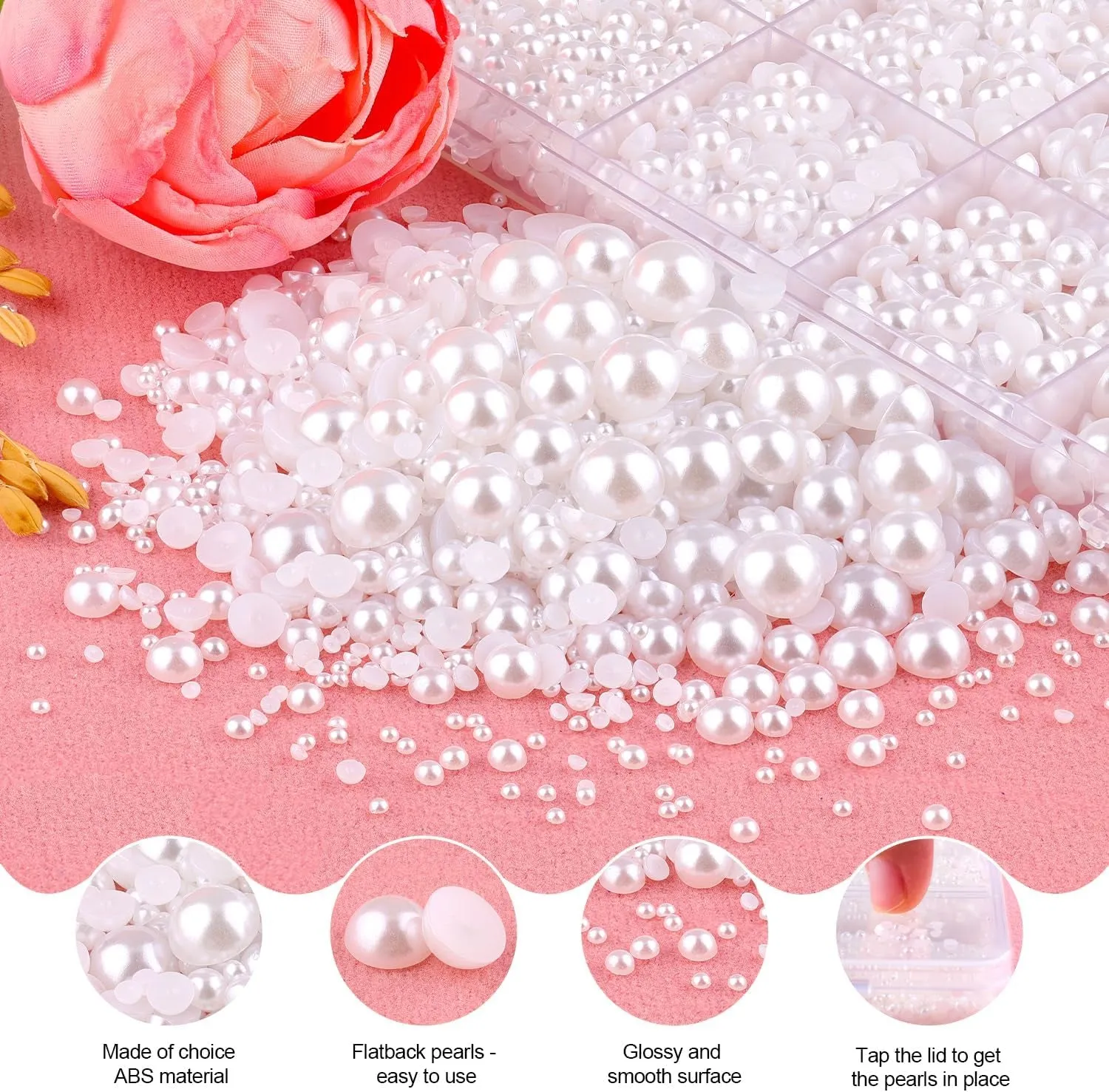13000Pcs Flatback Pearls for Crafting (White), Assorted Size 2/3/4/5/6/8/10Mm Half Pearl with 3Pcs 10Ml B7000 Jewelry Glue, Bedazzling Bead for DIY Crafts Clothing Tumbler Shoes Embellishment Nail Art