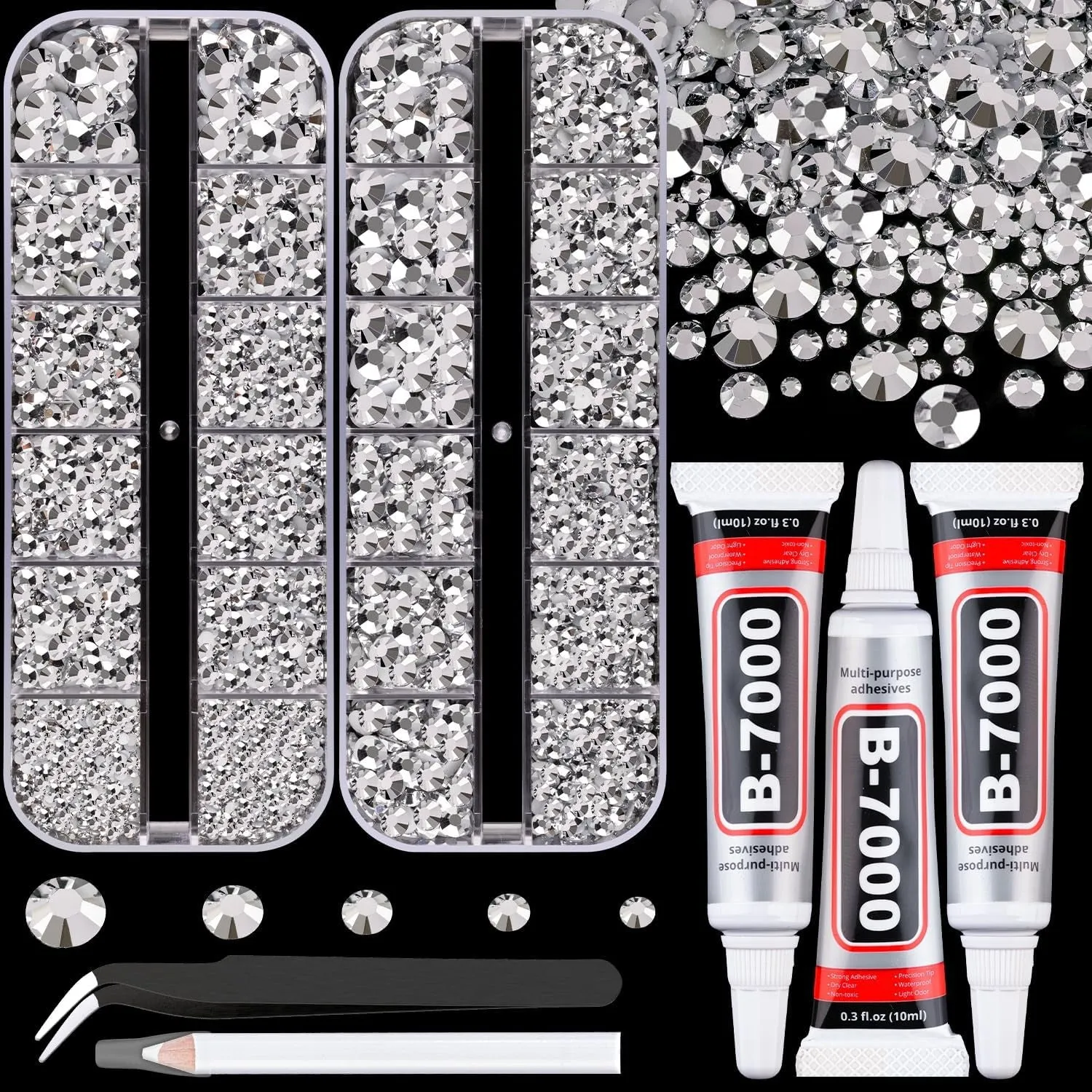 13000Pcs Flatback Pearls for Crafting (White), Assorted Size 2/3/4/5/6/8/10Mm Half Pearl with 3Pcs 10Ml B7000 Jewelry Glue, Bedazzling Bead for DIY Crafts Clothing Tumbler Shoes Embellishment Nail Art