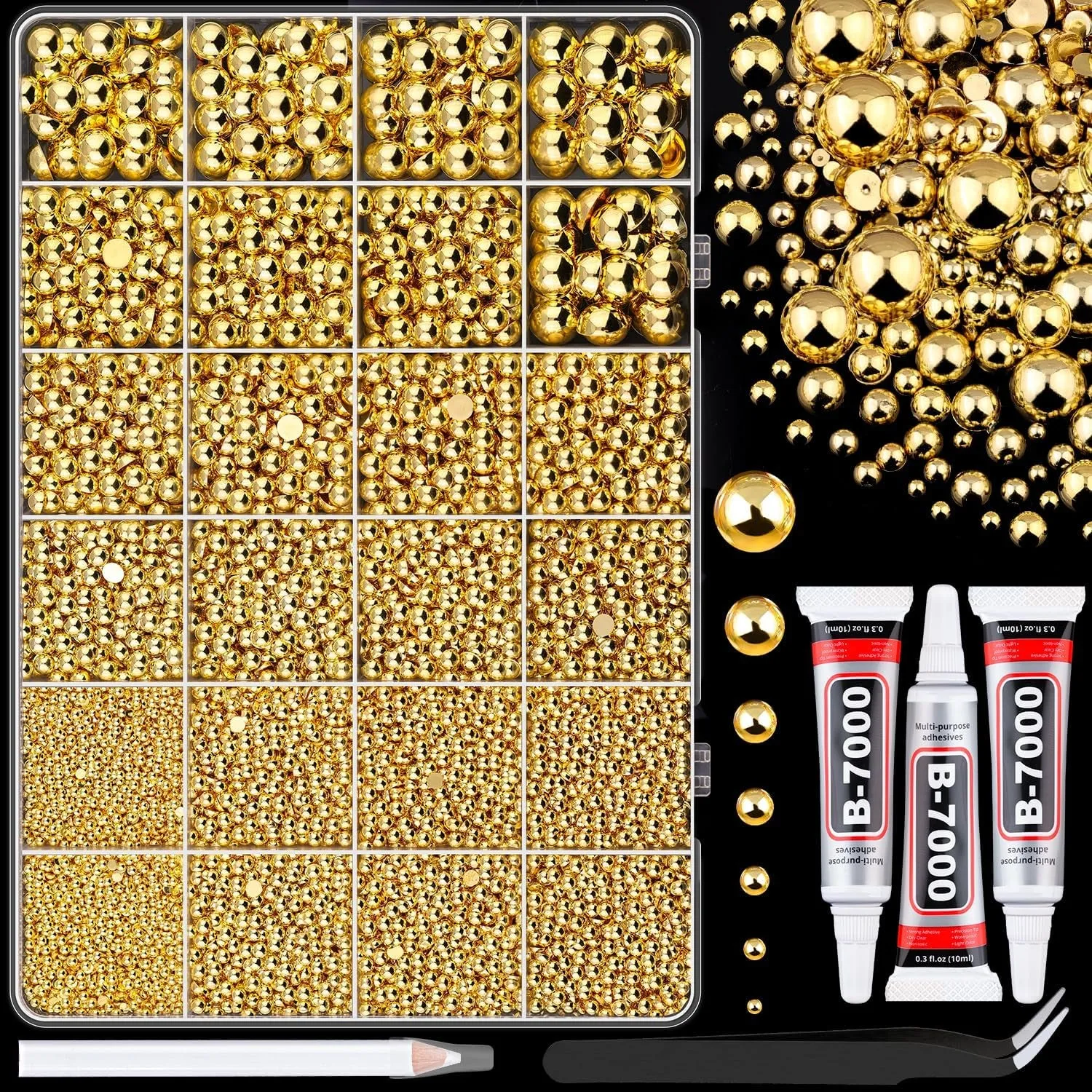 13000Pcs Flatback Pearls for Crafting (White), Assorted Size 2/3/4/5/6/8/10Mm Half Pearl with 3Pcs 10Ml B7000 Jewelry Glue, Bedazzling Bead for DIY Crafts Clothing Tumbler Shoes Embellishment Nail Art