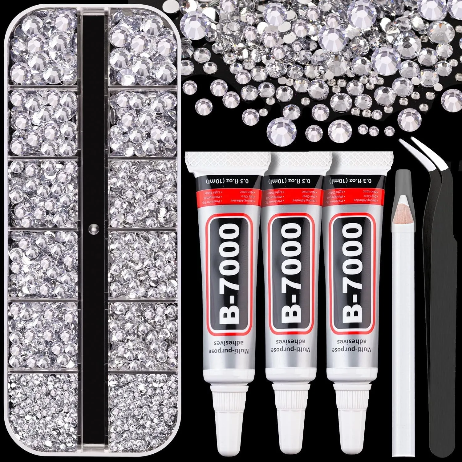 13000Pcs Flatback Pearls for Crafting (White), Assorted Size 2/3/4/5/6/8/10Mm Half Pearl with 3Pcs 10Ml B7000 Jewelry Glue, Bedazzling Bead for DIY Crafts Clothing Tumbler Shoes Embellishment Nail Art