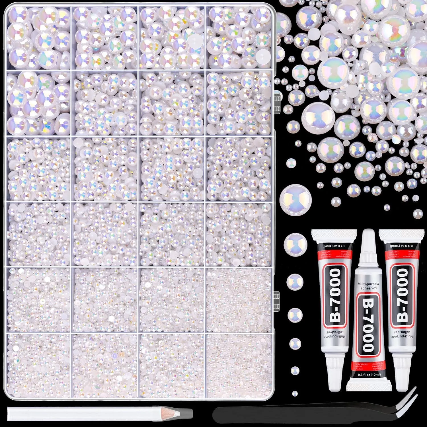13000Pcs Flatback Pearls for Crafting (White), Assorted Size 2/3/4/5/6/8/10Mm Half Pearl with 3Pcs 10Ml B7000 Jewelry Glue, Bedazzling Bead for DIY Crafts Clothing Tumbler Shoes Embellishment Nail Art