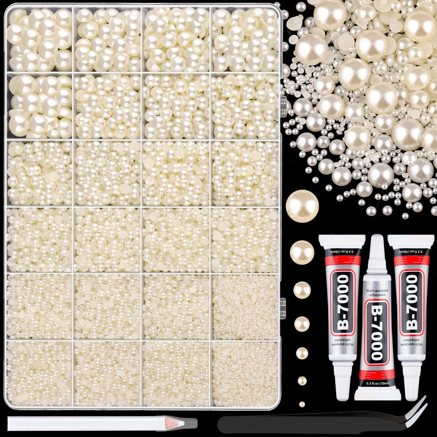 13000Pcs Flatback Pearls for Crafting (White), Assorted Size 2/3/4/5/6/8/10Mm Half Pearl with 3Pcs 10Ml B7000 Jewelry Glue, Bedazzling Bead for DIY Crafts Clothing Tumbler Shoes Embellishment Nail Art