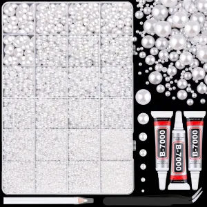 13000Pcs Flatback Pearls for Crafting (White), Assorted Size 2/3/4/5/6/8/10Mm Half Pearl with 3Pcs 10Ml B7000 Jewelry Glue, Bedazzling Bead for DIY Crafts Clothing Tumbler Shoes Embellishment Nail Art
