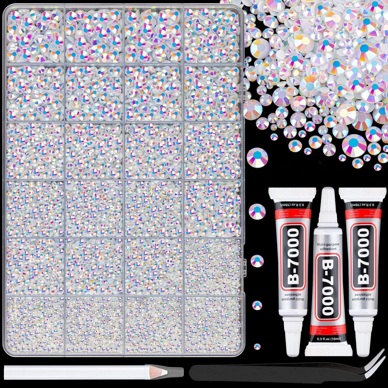 13000Pcs Flatback Pearls for Crafting (White), Assorted Size 2/3/4/5/6/8/10Mm Half Pearl with 3Pcs 10Ml B7000 Jewelry Glue, Bedazzling Bead for DIY Crafts Clothing Tumbler Shoes Embellishment Nail Art