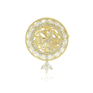 14k Gold Paved Crystal Round Teardrop Brooch