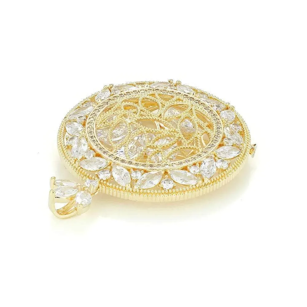 14k Gold Paved Crystal Round Teardrop Brooch