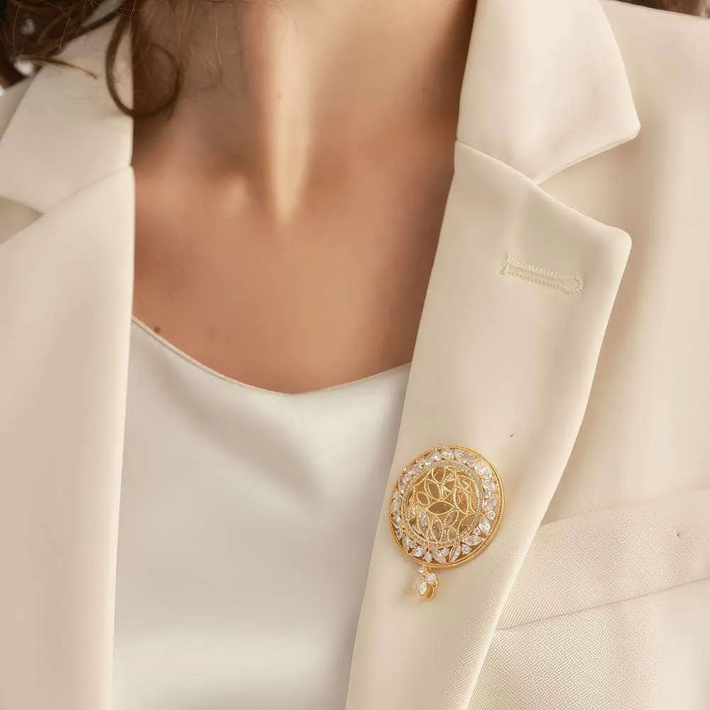 14k Gold Paved Crystal Round Teardrop Brooch