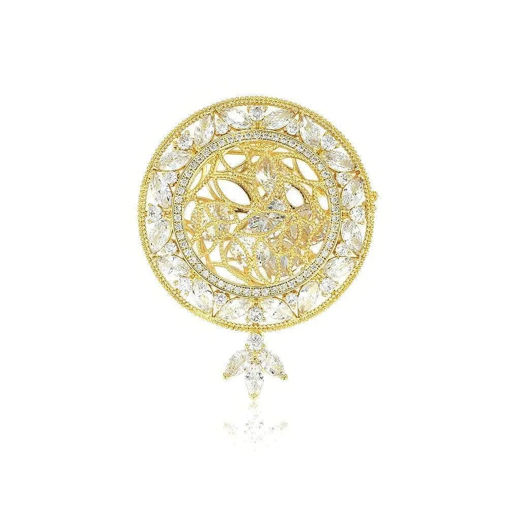 14k Gold Paved Crystal Round Teardrop Brooch