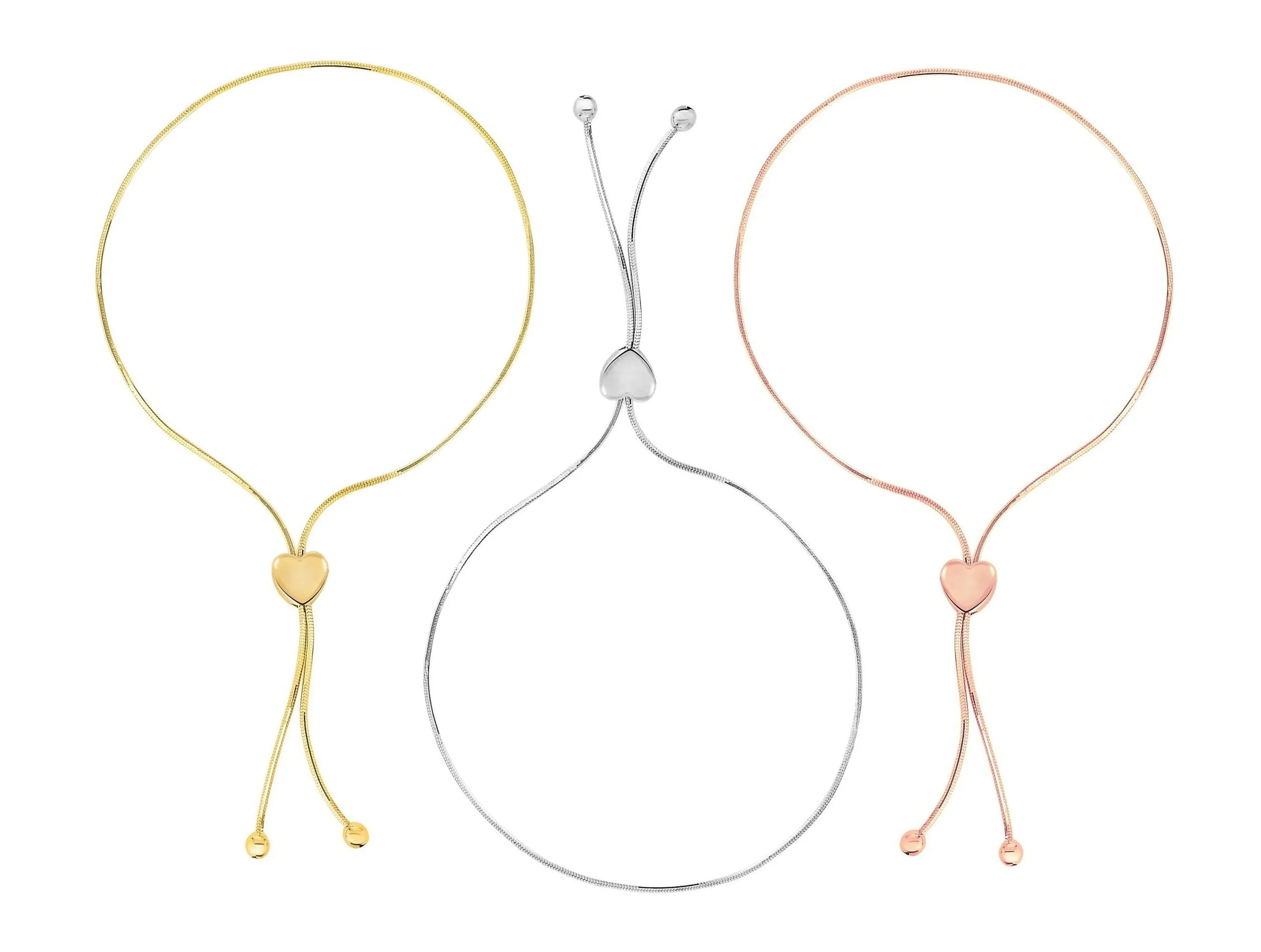 14K Gold Snake Chain Heart Lariat Adjustable Pull Bolo Bracelets