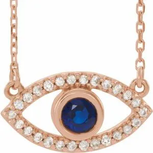 14K Rose Blue Sapphire & White Sapphire Evil Eye 18" Necklace