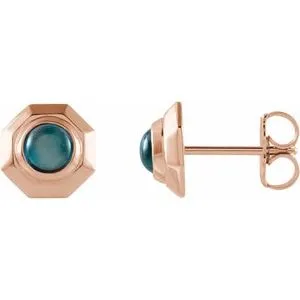 14K Rose Natural London Blue Topaz Geometric Cabochon Earrings