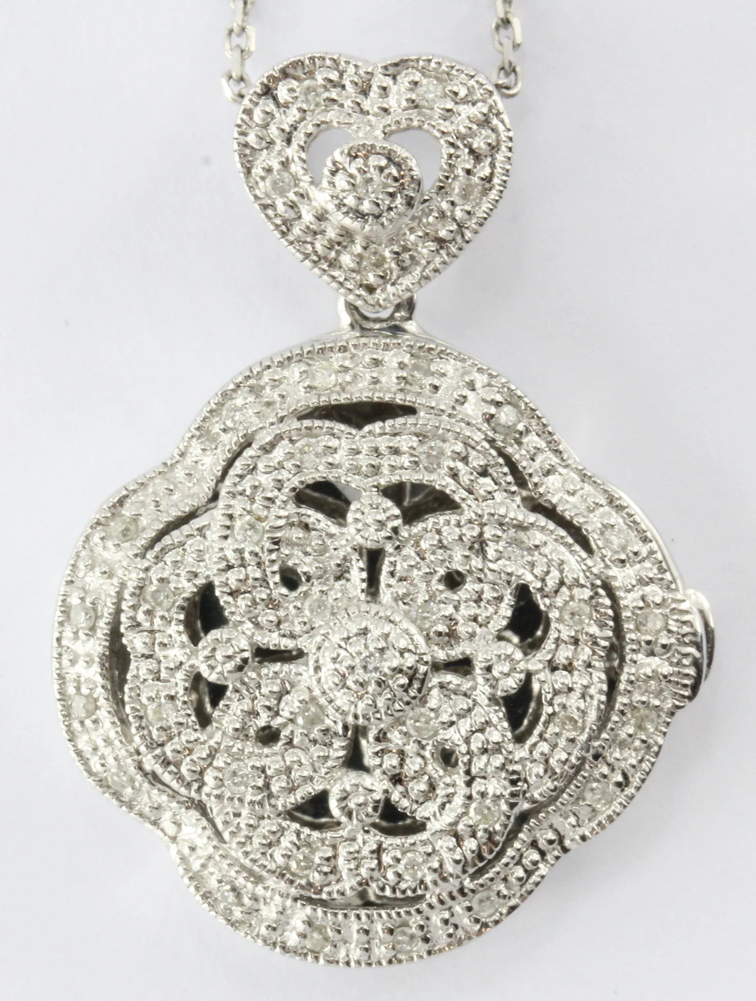 14K White Gold 1/4 CTW Diamond Pierced Locket Pendant Necklace