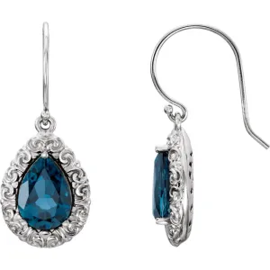 14k White Gold London Blue Topaz Sculptural-Design Dangle Earrings