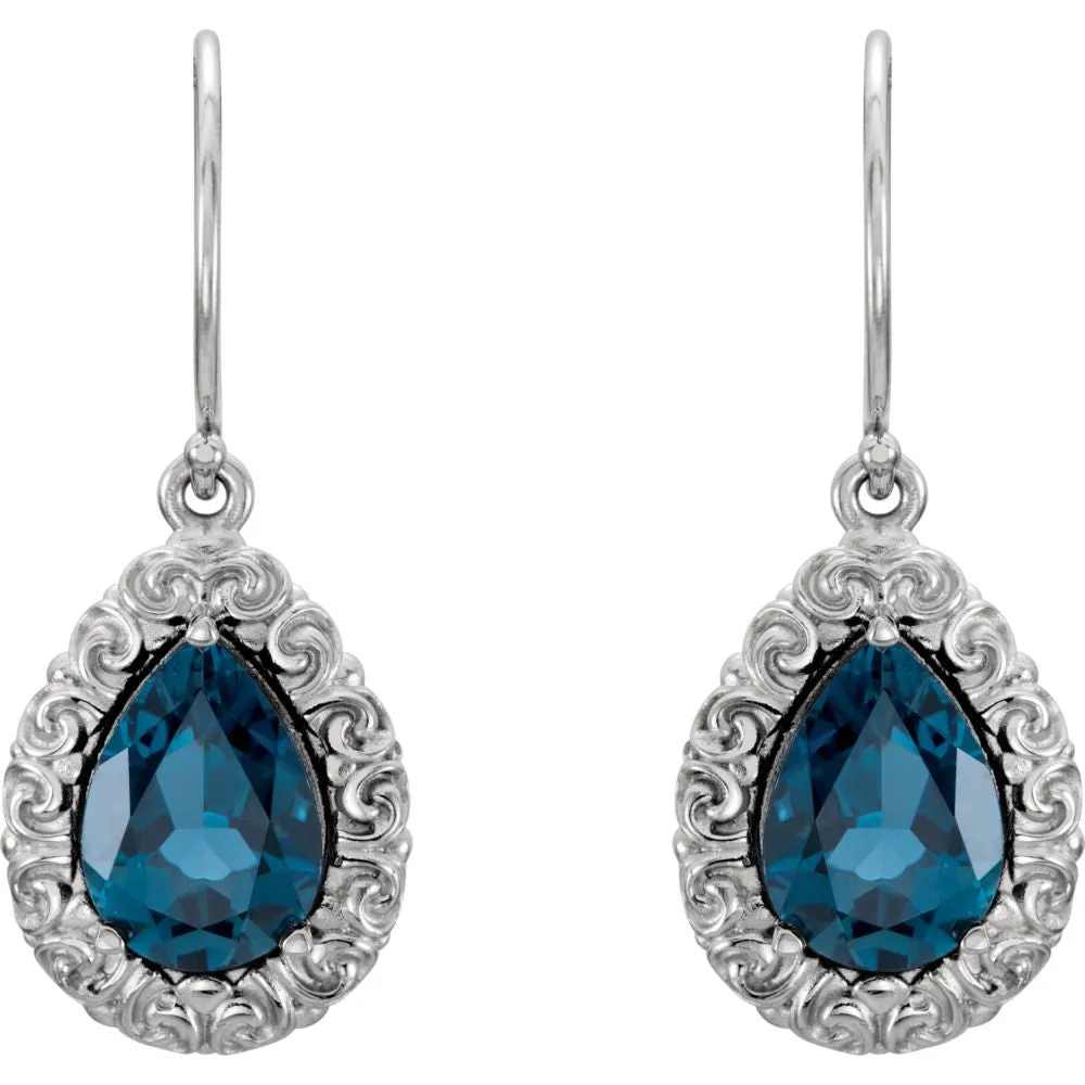 14k White Gold London Blue Topaz Sculptural-Design Dangle Earrings