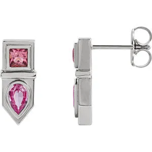 14K White Pink Multi-Gemstone Geometric Bar Drop Earrings