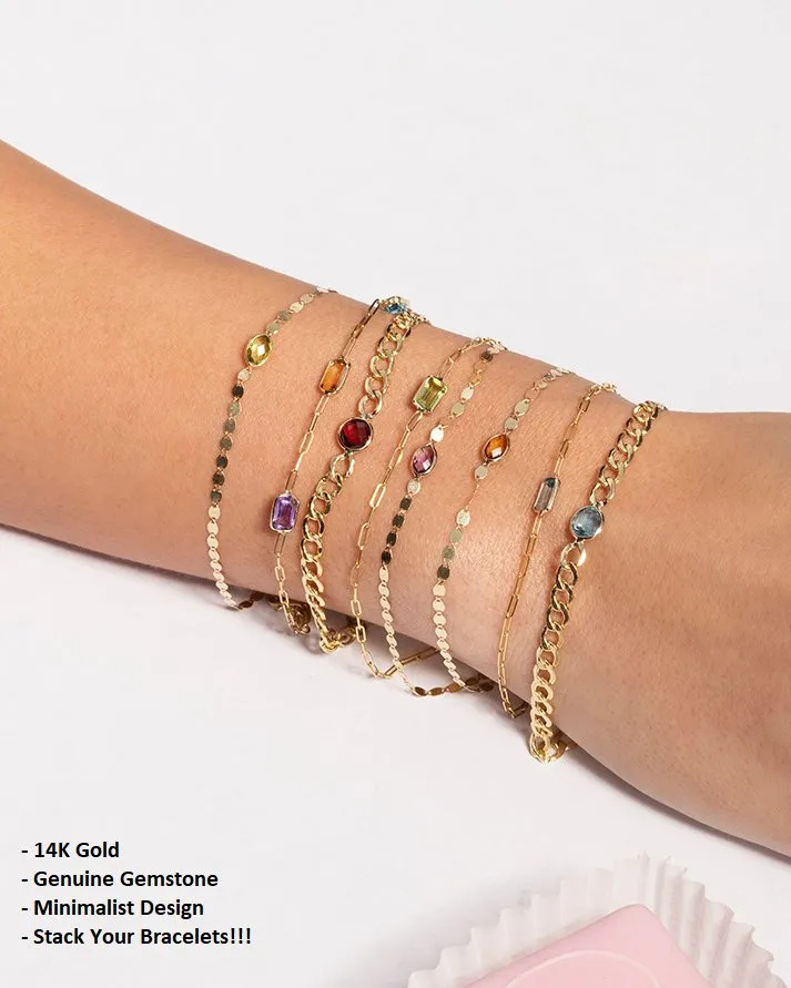 14K Yellow Gold Multi-Color Genuine Gemstone Paper Clip Station Bracelet