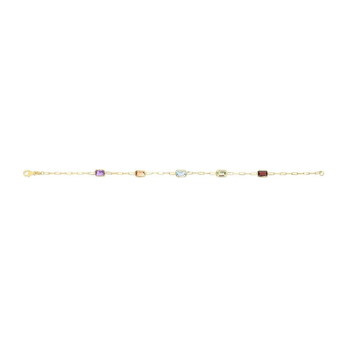 14K Yellow Gold Multi-Color Genuine Gemstone Paper Clip Station Bracelet