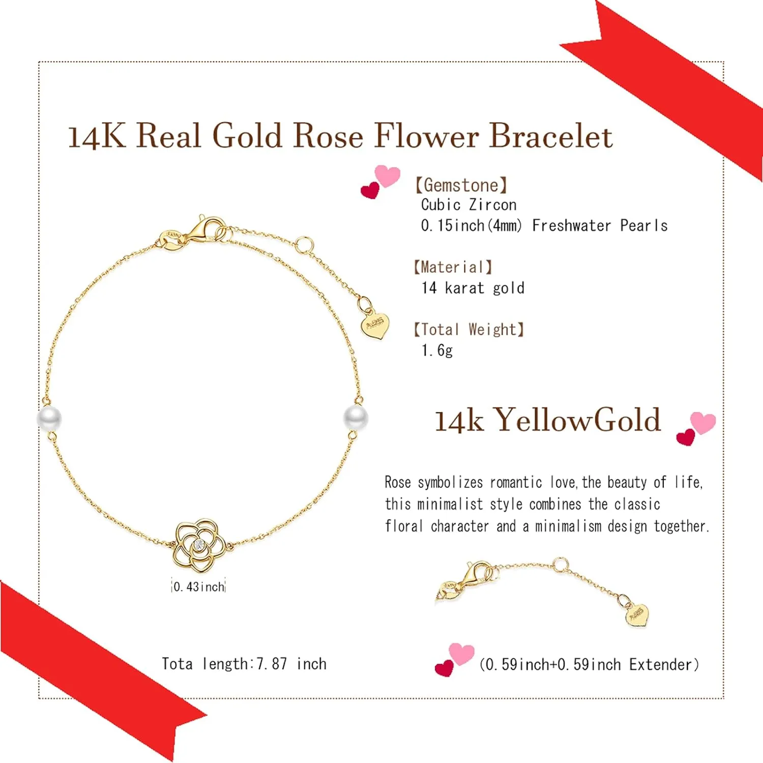 14K Yellow Gold Rose Flower Bracelet with 4MM Freshwater Pearls Luxury Adjustable Bracelet Fine Jewelry