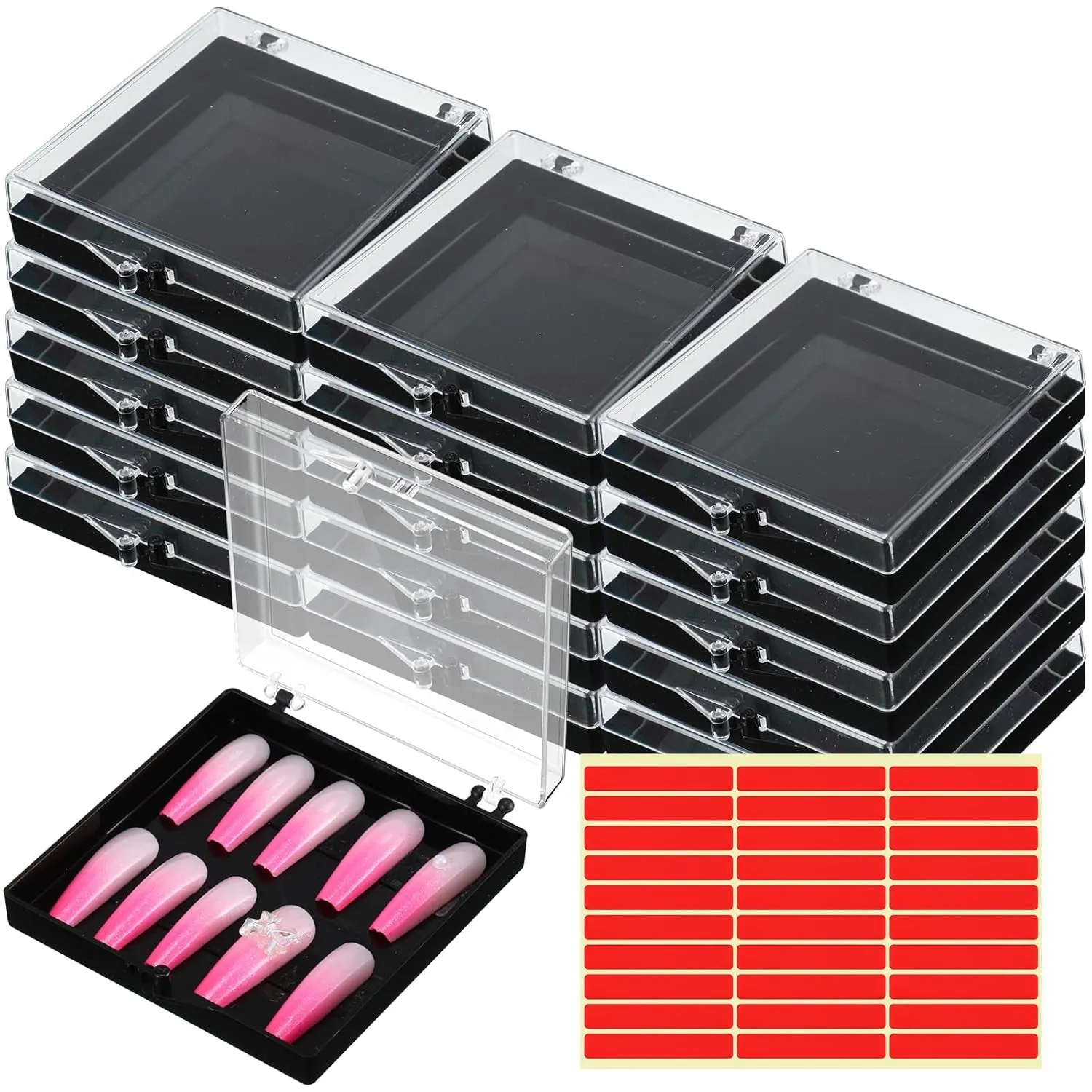 15 Pcs Press on Nail Boxes Nail Display Case 30 Pcs Adhesive Double Sided Tape Press on Nail Packaging Artificial Press on Nail Container Acrylic Storage Organizer for Nail Packaging(Clear)